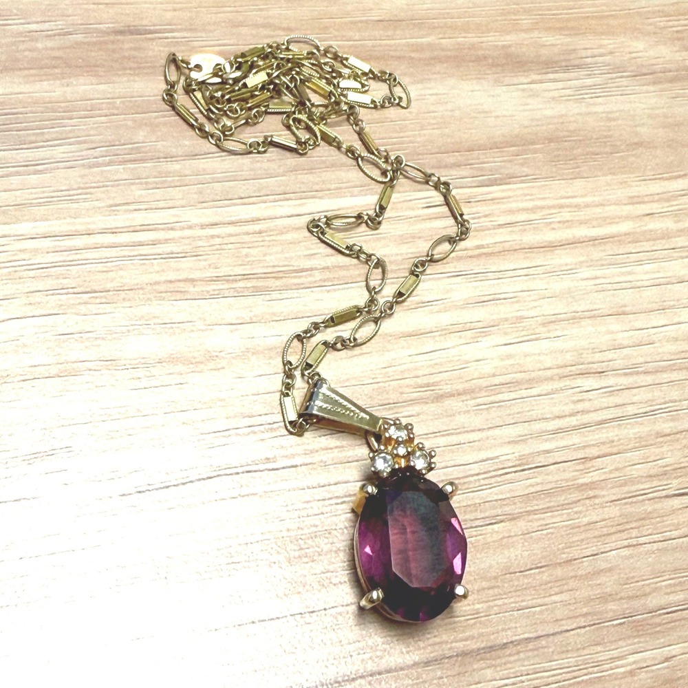 Vintage SWEET 14K GF Purple Stone Pendant Necklace Gold Filled Rhinestone